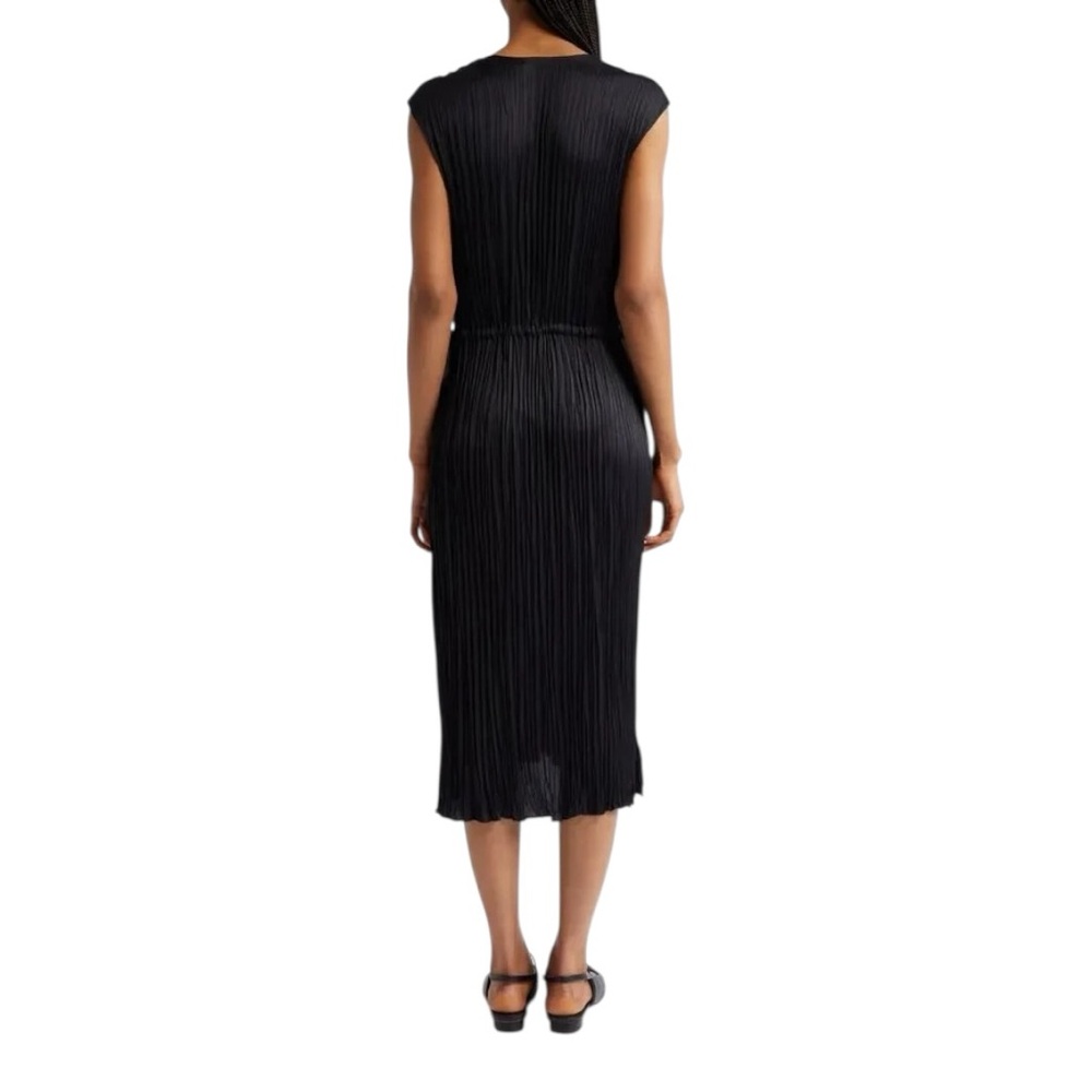 Vince Pleated V-Neck Drawstring Midi Dress Black  Minimalist Sleeveless - Picture 3 of 7